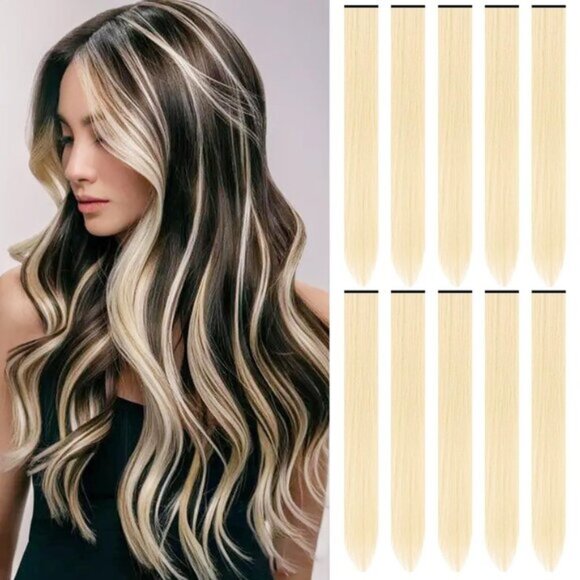 New 10PCS 22" Off White Blonde Synthetic Highlights Clip-in Hair Extensions